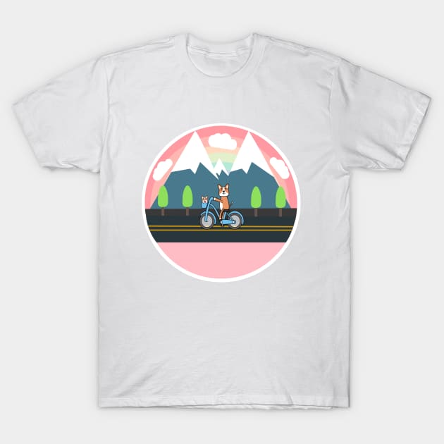 Kawaii dogs going on a road trip on the bicycle to the mountains T-Shirt by Ralph Hovsepian